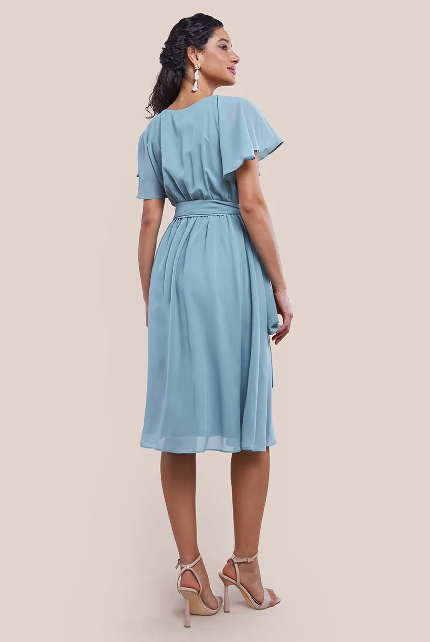 Goddiva Sustainable Flutter Sleeve Chiffon Wrap Midi Dress