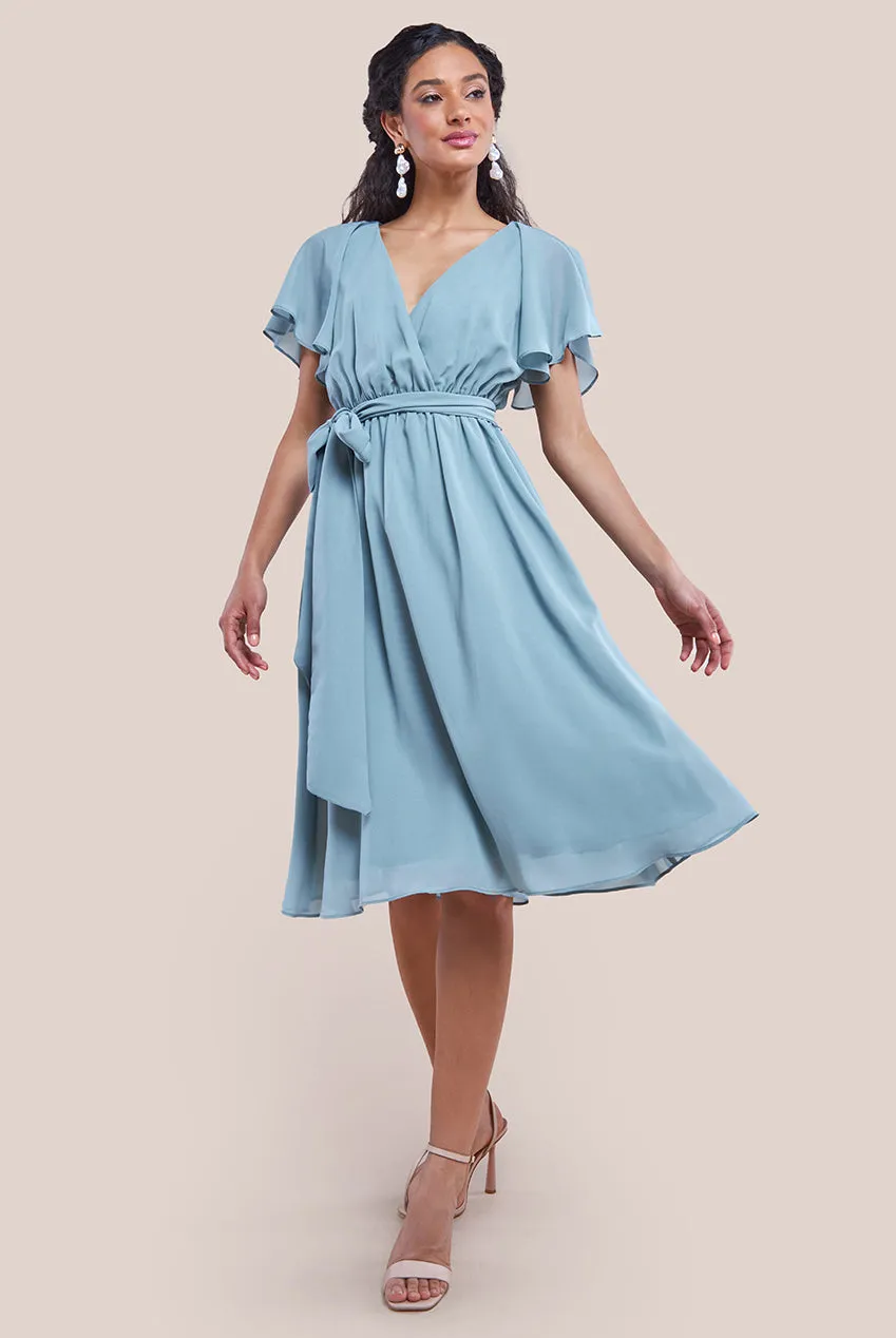 Goddiva Sustainable Flutter Sleeve Chiffon Wrap Midi Dress