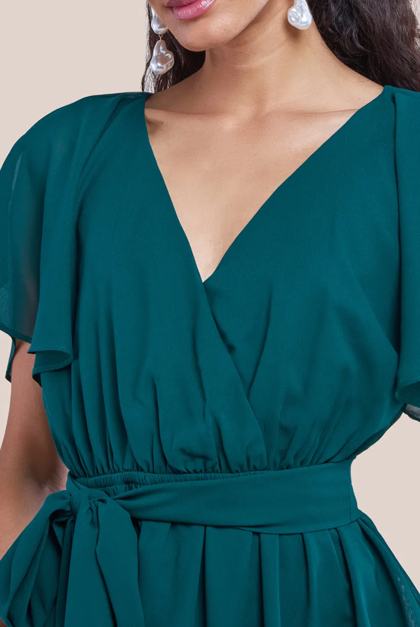 Goddiva Sustainable Flutter Sleeve Chiffon Wrap Midi Dress
