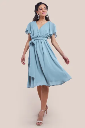 Goddiva Sustainable Flutter Sleeve Chiffon Wrap Midi Dress