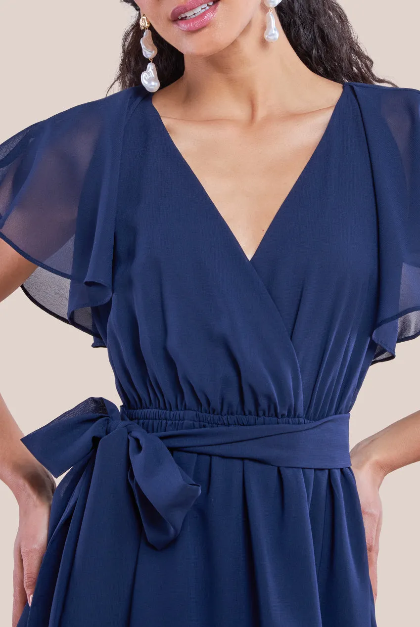 Goddiva Sustainable Flutter Sleeve Chiffon Wrap Midi Dress