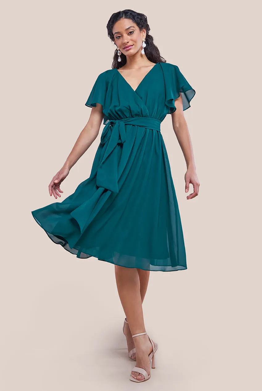 Goddiva Sustainable Flutter Sleeve Chiffon Wrap Midi Dress