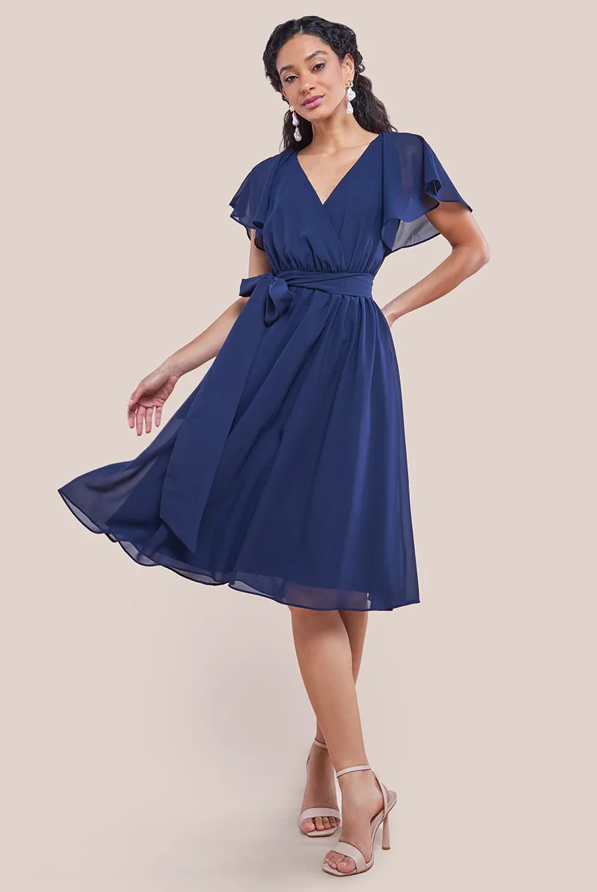 Goddiva Sustainable Flutter Sleeve Chiffon Wrap Midi Dress