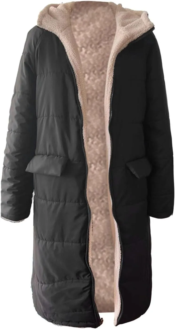 GOKKILRW Womens Long Fleece Down Coats Shearling Sherpa Quilted Jacket with Hood 2024 Winter Fashion Clothes Oversized Jacket