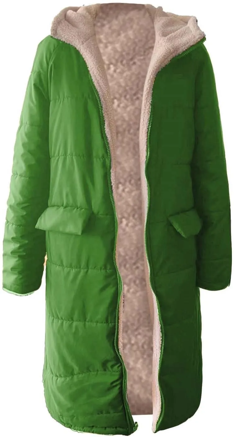 GOKKILRW Womens Long Fleece Down Coats Shearling Sherpa Quilted Jacket with Hood 2024 Winter Fashion Clothes Oversized Jacket
