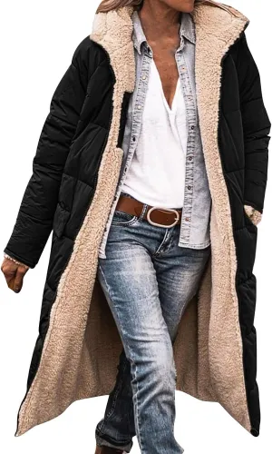 GOKKILRW Womens Long Fleece Down Coats Shearling Sherpa Quilted Jacket with Hood 2024 Winter Fashion Clothes Oversized Jacket