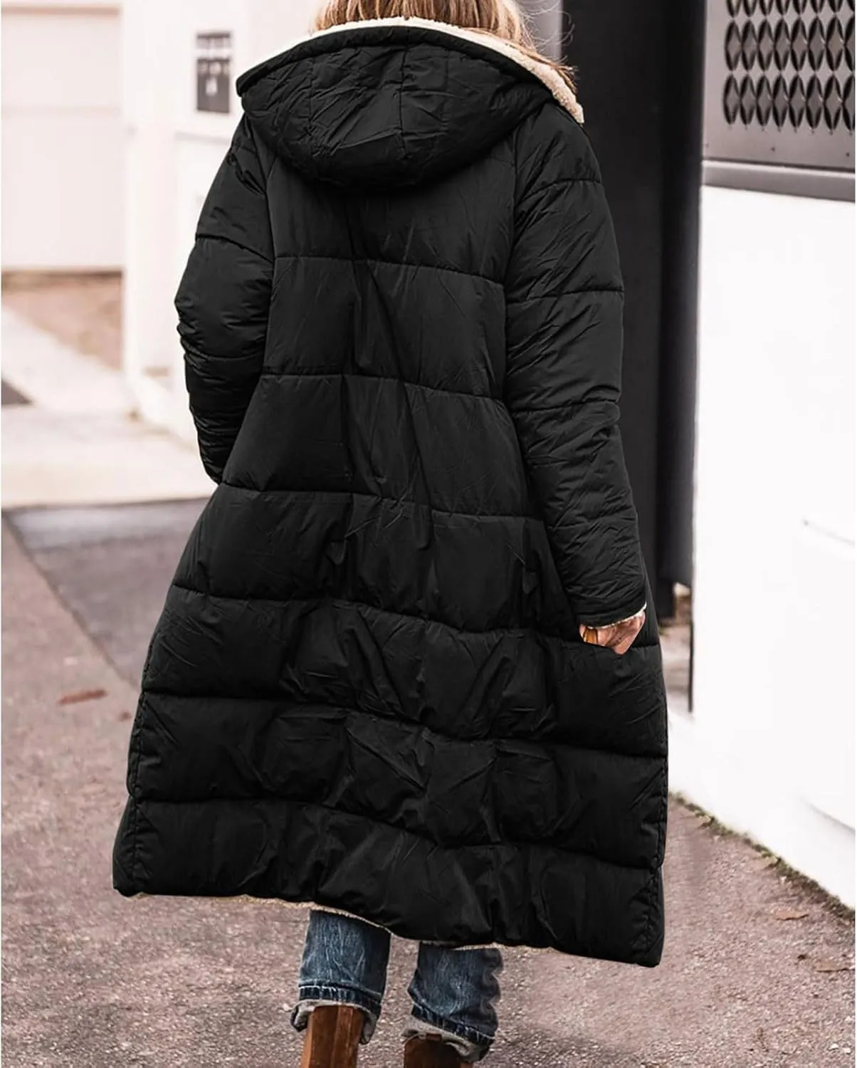 GOKKILRW Womens Long Fleece Down Coats Shearling Sherpa Quilted Jacket with Hood 2024 Winter Fashion Clothes Oversized Jacket