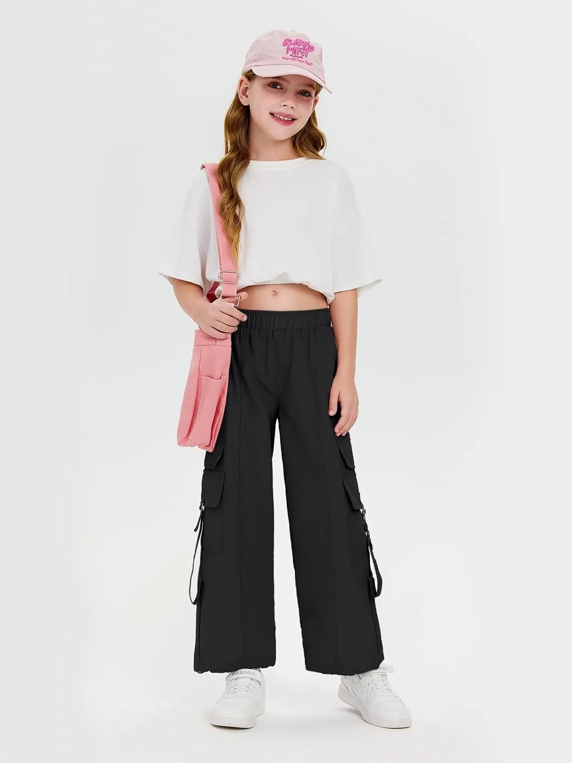 Haloumoning Girls Parachute Pants Kids Wide Leg Cargo Pants Y2K Street Trousers with Pockets 5-14 Years