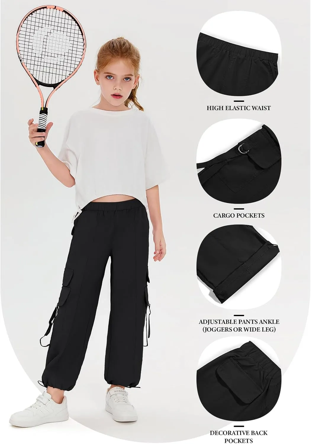 Haloumoning Girls Parachute Pants Kids Wide Leg Cargo Pants Y2K Street Trousers with Pockets 5-14 Years