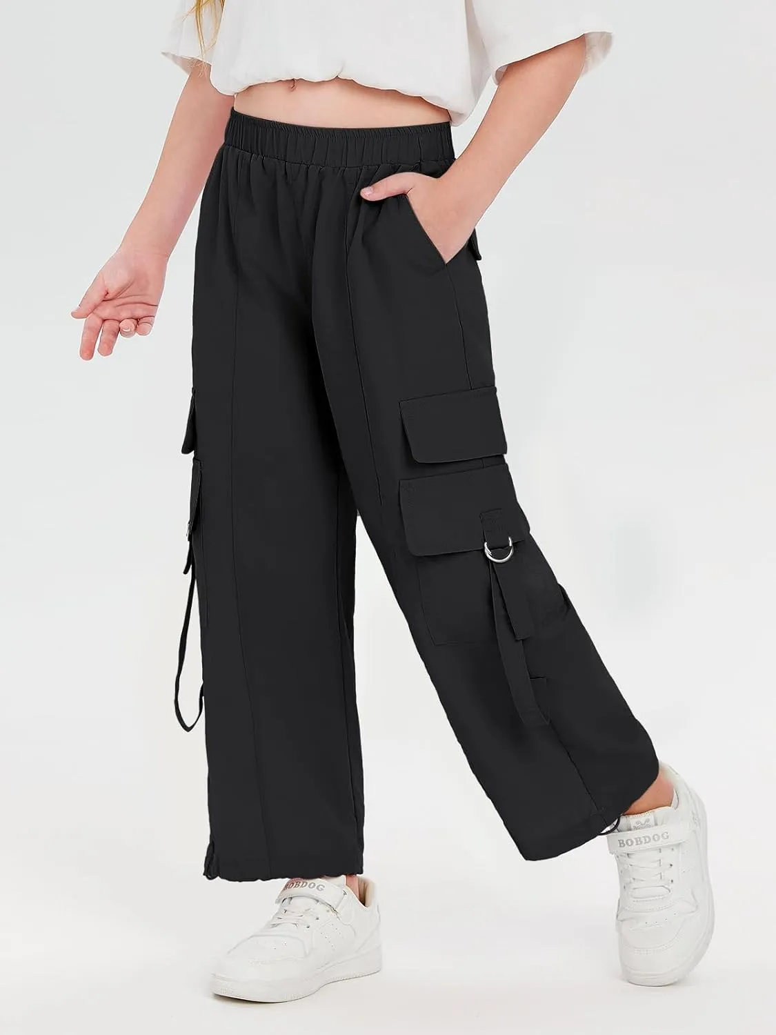 Haloumoning Girls Parachute Pants Kids Wide Leg Cargo Pants Y2K Street Trousers with Pockets 5-14 Years