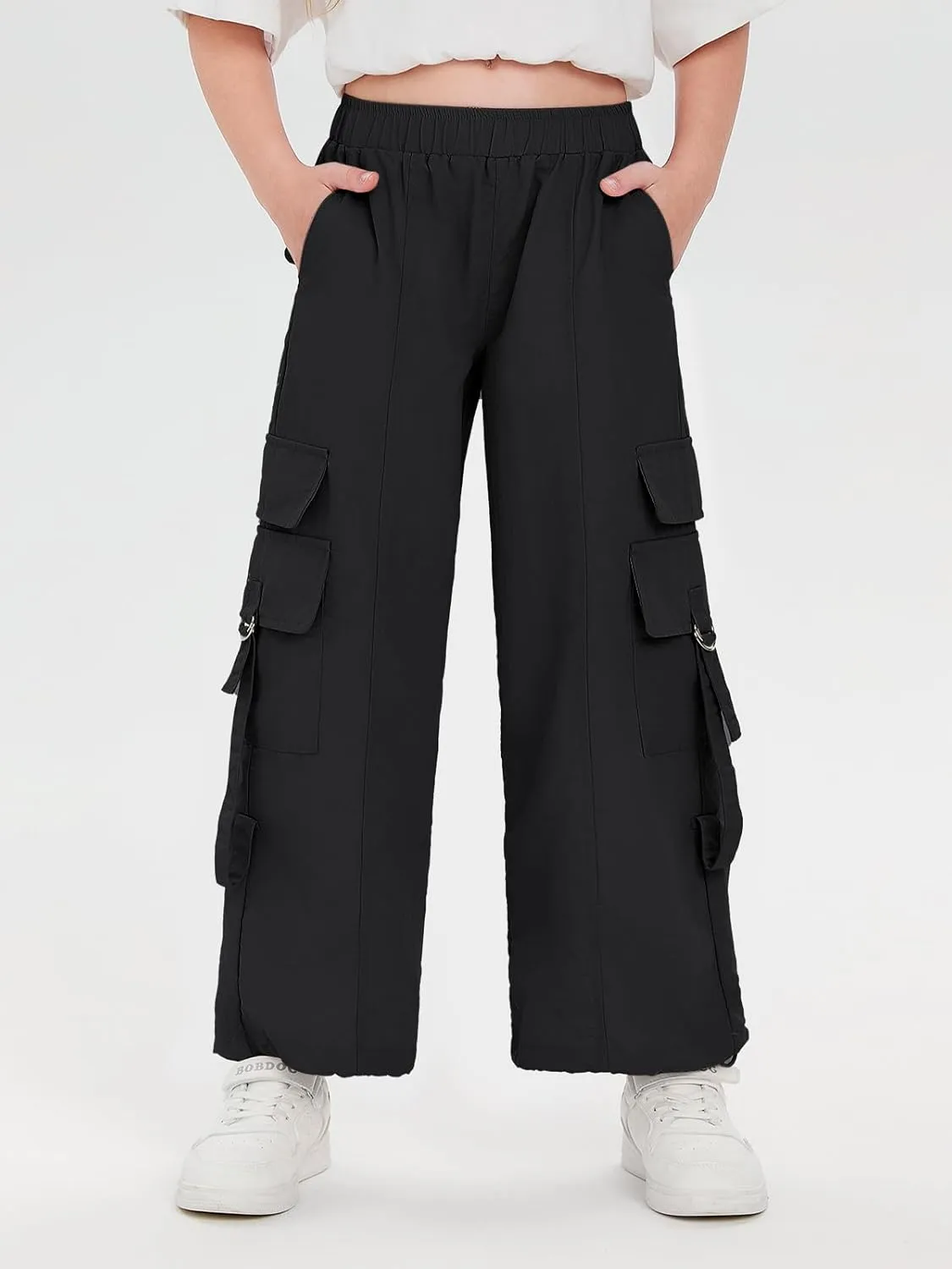 Haloumoning Girls Parachute Pants Kids Wide Leg Cargo Pants Y2K Street Trousers with Pockets 5-14 Years