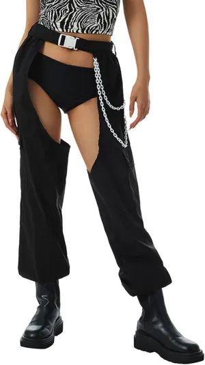 HGps8w Sexy Buckle Bottomless Pants Women Hollow Out See Through Rave Chaps Hiphop Rock Crotch Pants Belted Cargo Trousers