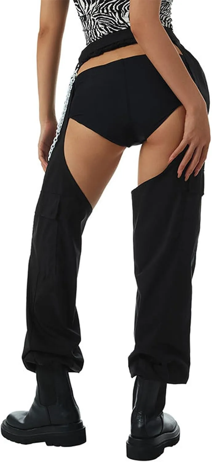HGps8w Sexy Buckle Bottomless Pants Women Hollow Out See Through Rave Chaps Hiphop Rock Crotch Pants Belted Cargo Trousers