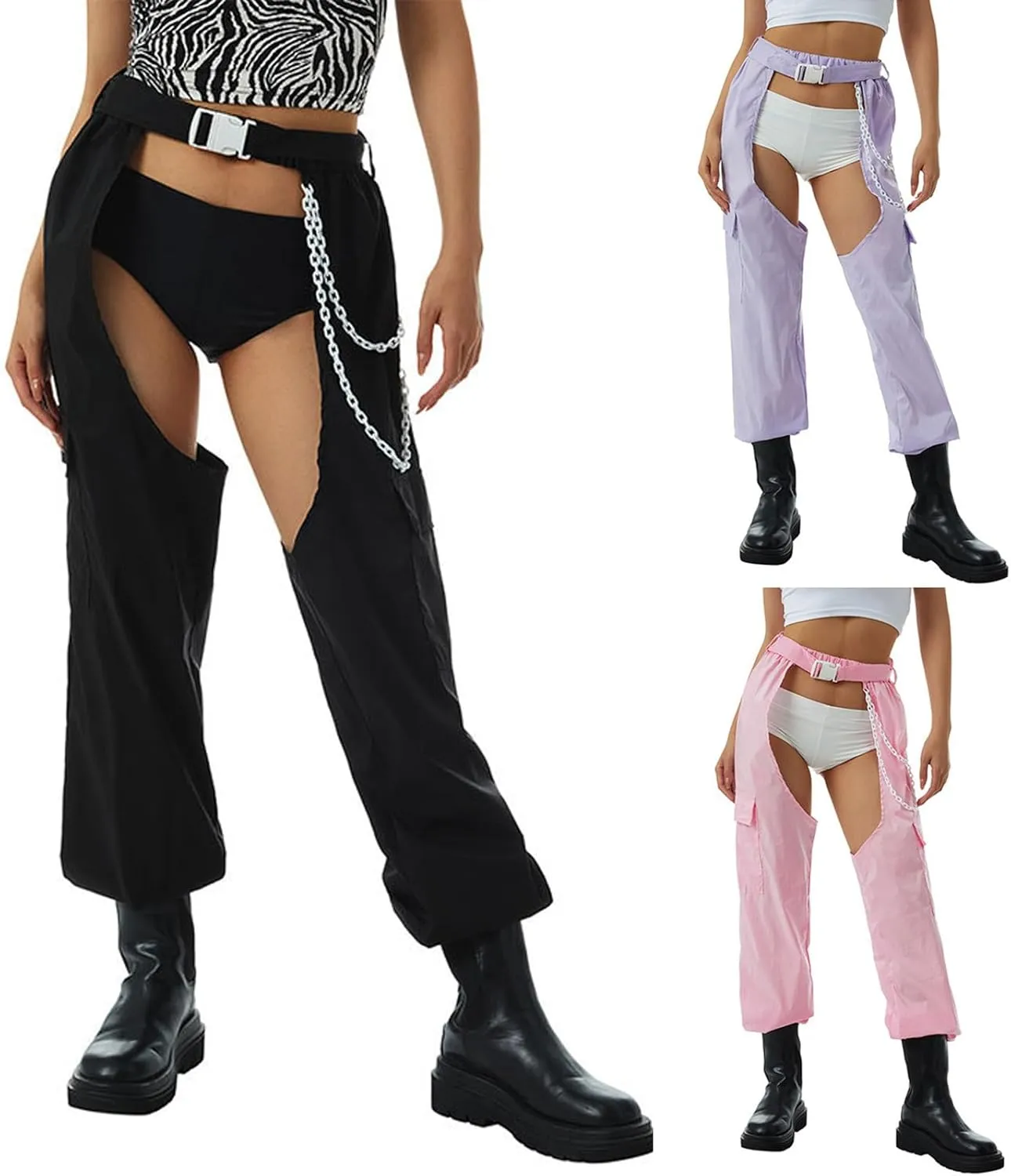 HGps8w Sexy Buckle Bottomless Pants Women Hollow Out See Through Rave Chaps Hiphop Rock Crotch Pants Belted Cargo Trousers
