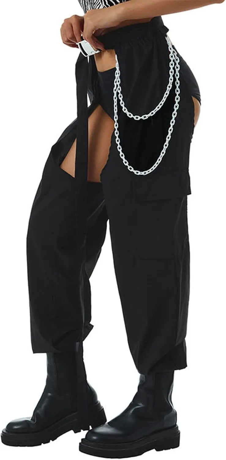 HGps8w Sexy Buckle Bottomless Pants Women Hollow Out See Through Rave Chaps Hiphop Rock Crotch Pants Belted Cargo Trousers