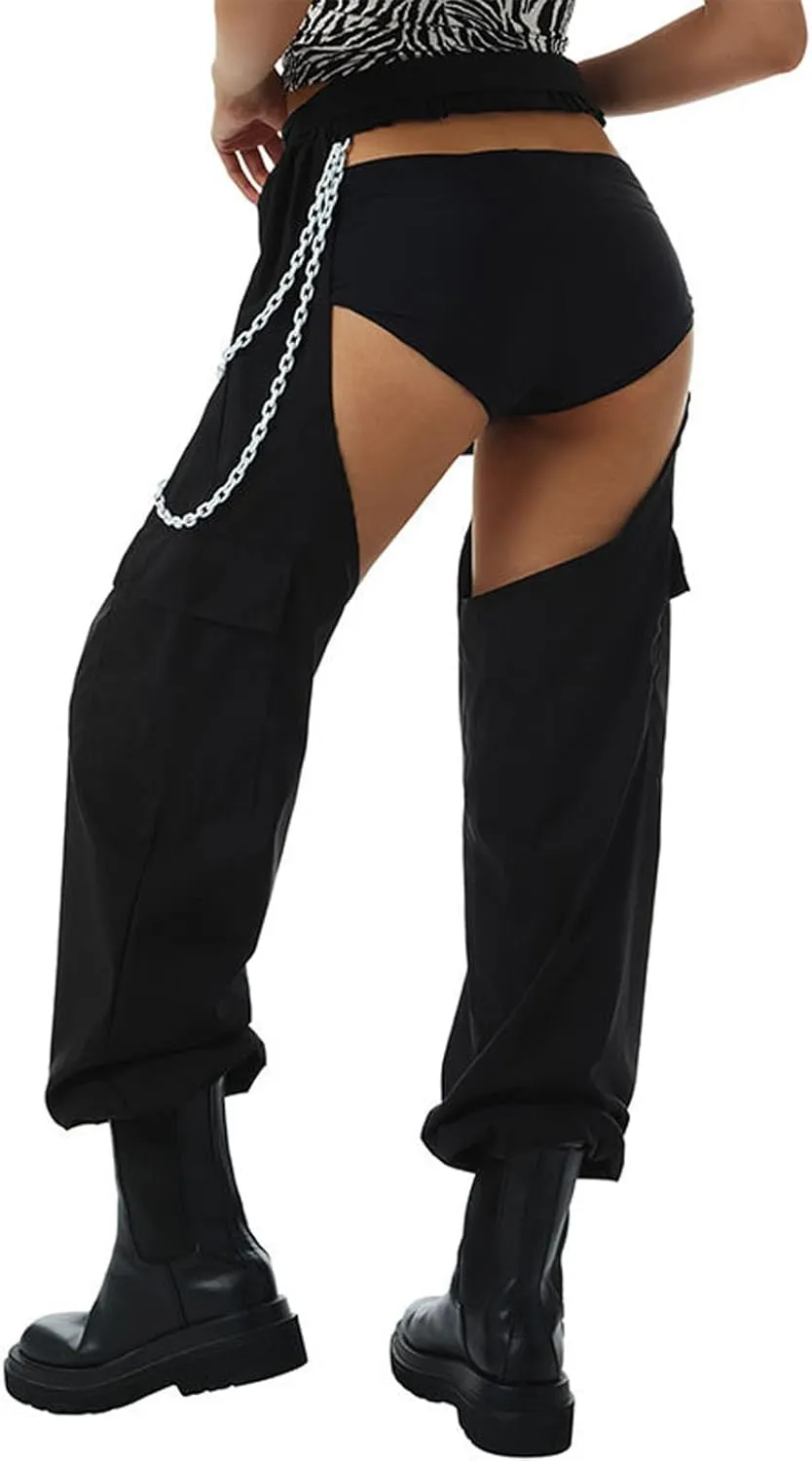 HGps8w Sexy Buckle Bottomless Pants Women Hollow Out See Through Rave Chaps Hiphop Rock Crotch Pants Belted Cargo Trousers