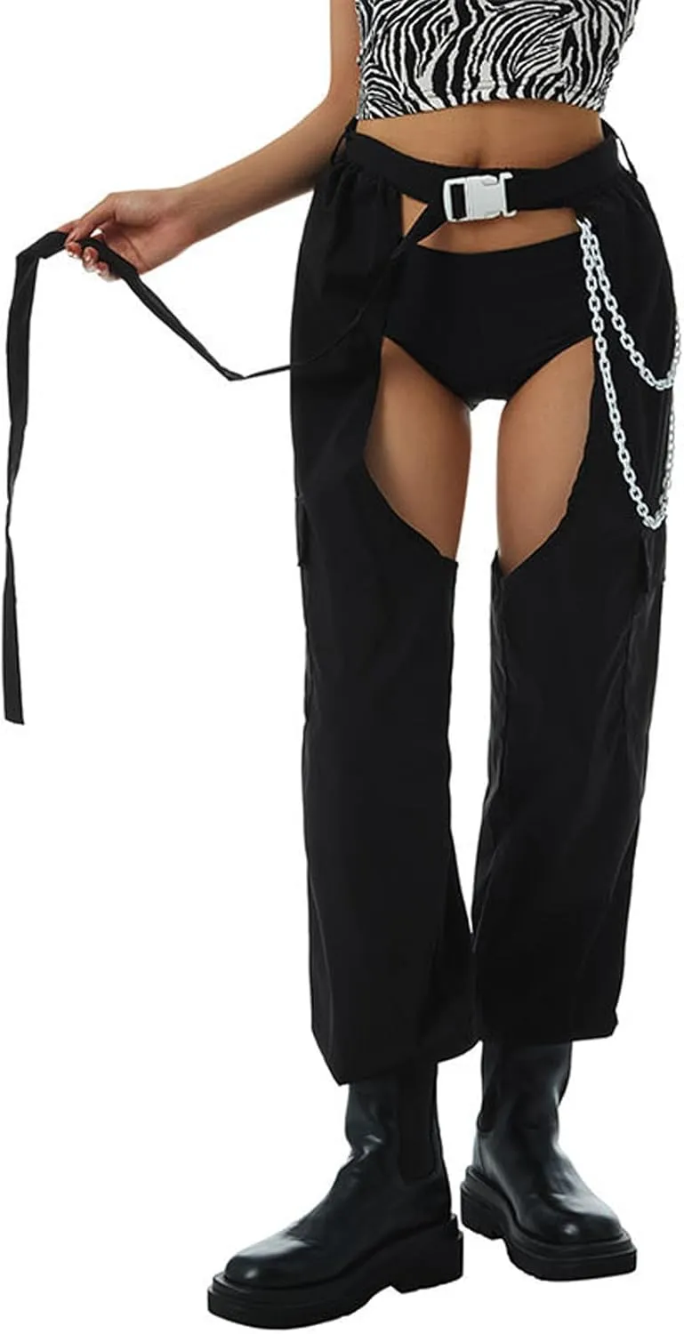 HGps8w Sexy Buckle Bottomless Pants Women Hollow Out See Through Rave Chaps Hiphop Rock Crotch Pants Belted Cargo Trousers