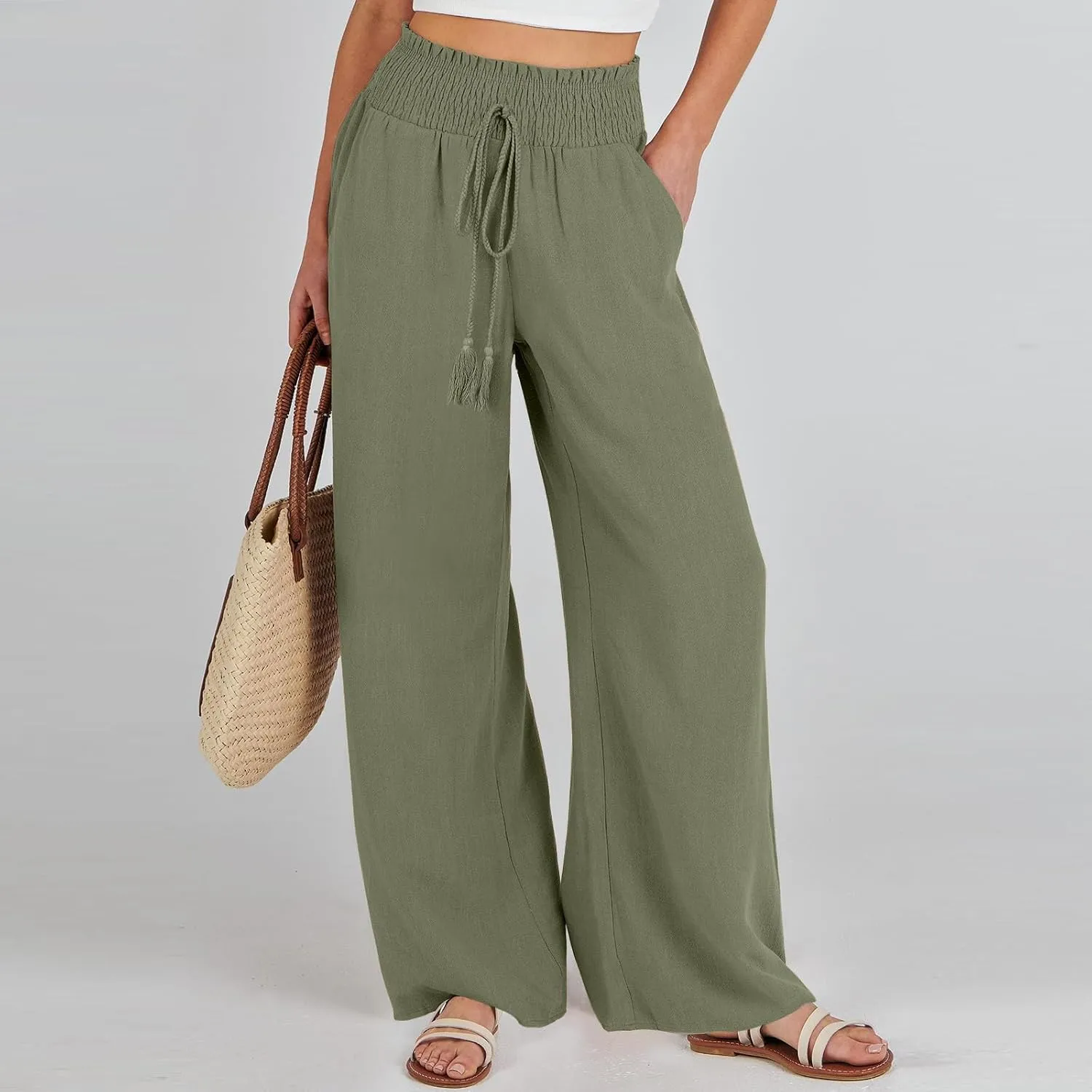 High Waisted Linen Pants Women Elastic Waist Drawstring Wide Leg Pants Summer Casual Baggy Pants Trousers with Pockets