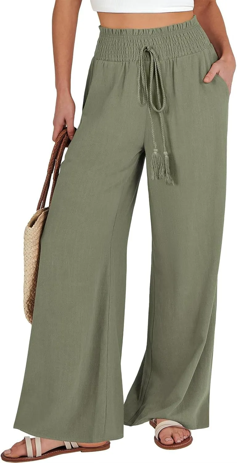 High Waisted Linen Pants Women Elastic Waist Drawstring Wide Leg Pants Summer Casual Baggy Pants Trousers with Pockets