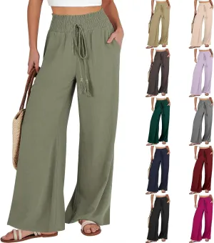 High Waisted Linen Pants Women Elastic Waist Drawstring Wide Leg Pants Summer Casual Baggy Pants Trousers with Pockets