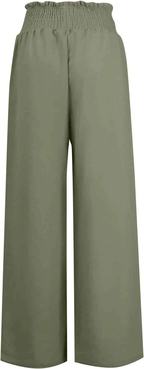 High Waisted Linen Pants Women Elastic Waist Drawstring Wide Leg Pants Summer Casual Baggy Pants Trousers with Pockets