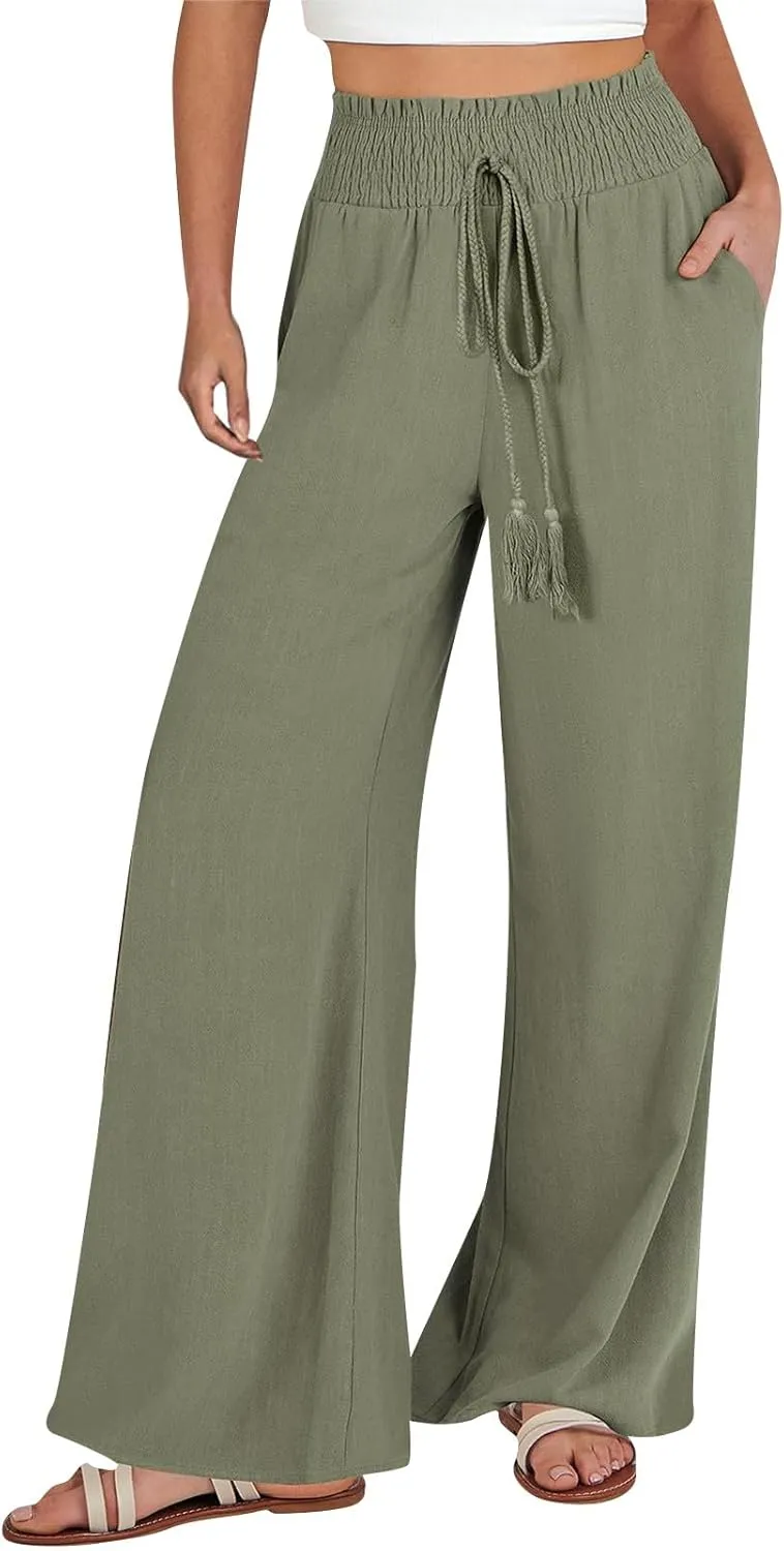 High Waisted Linen Pants Women Elastic Waist Drawstring Wide Leg Pants Summer Casual Baggy Pants Trousers with Pockets