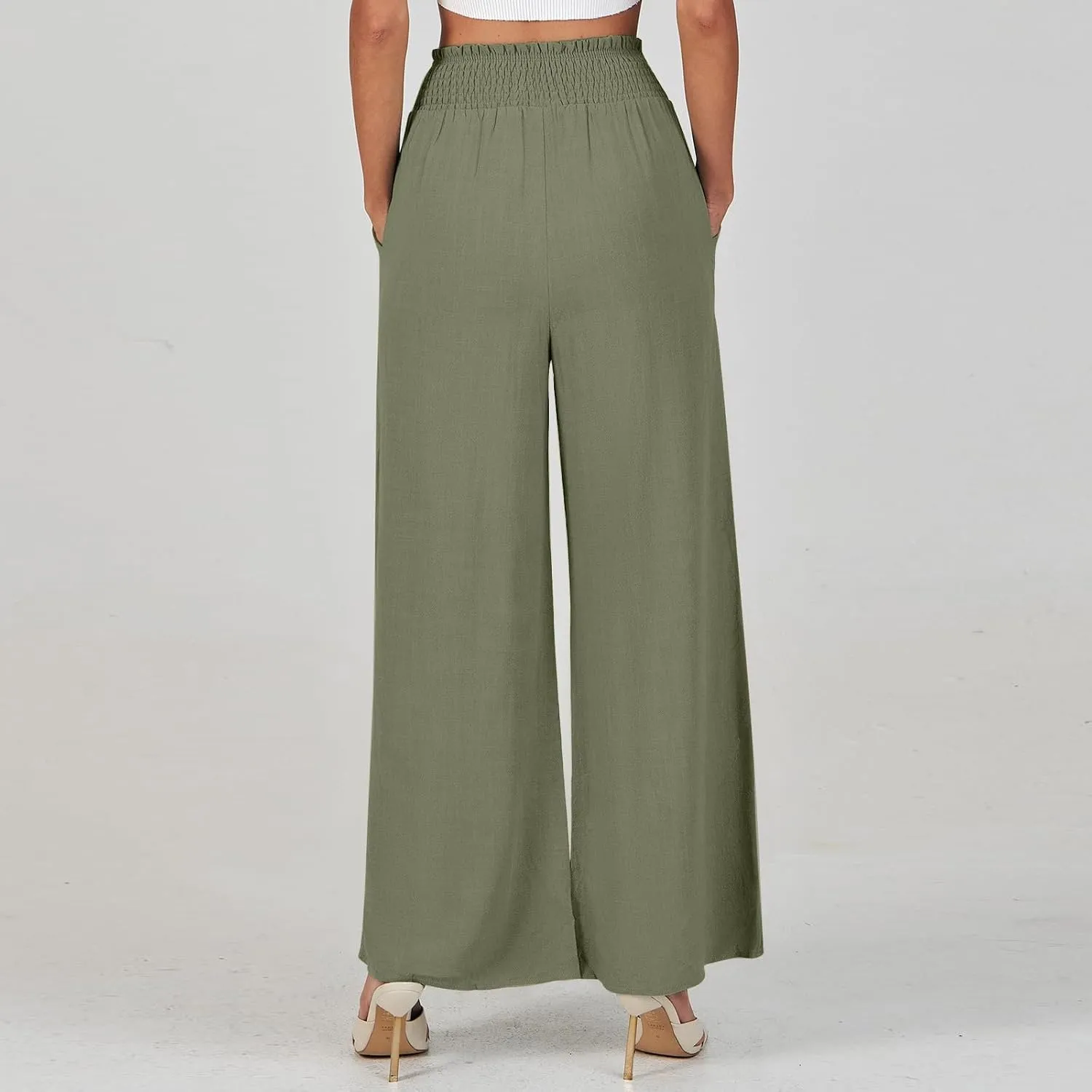 High Waisted Linen Pants Women Elastic Waist Drawstring Wide Leg Pants Summer Casual Baggy Pants Trousers with Pockets