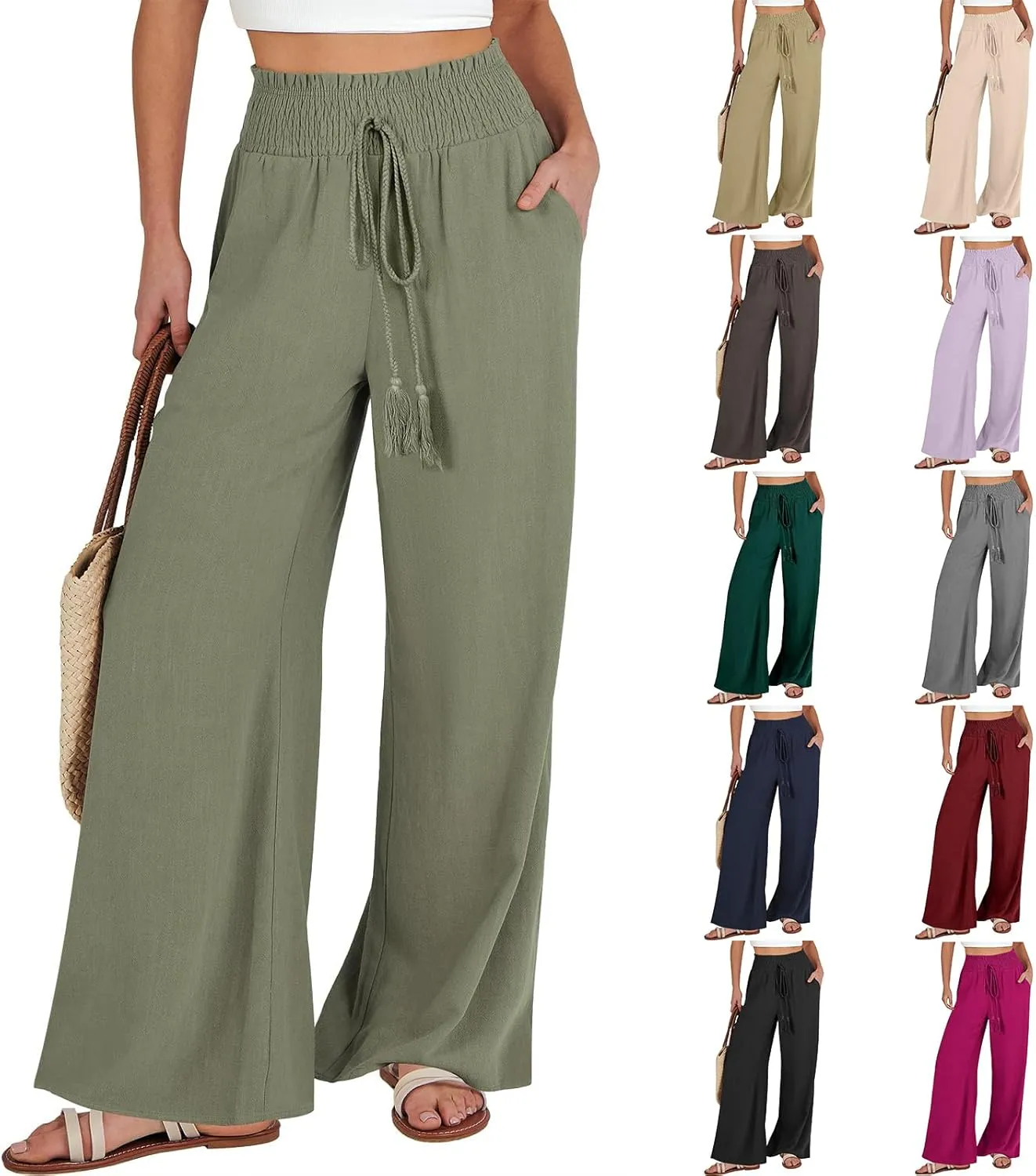 High Waisted Linen Pants Women Elastic Waist Drawstring Wide Leg Pants Summer Casual Baggy Pants Trousers with Pockets