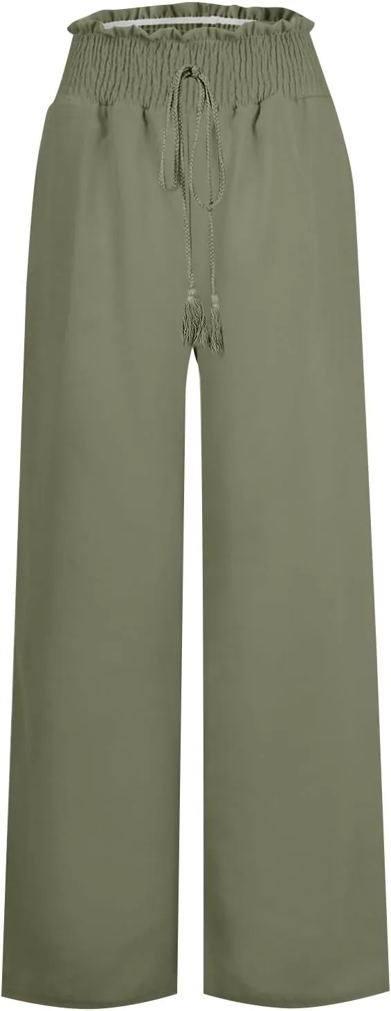 High Waisted Linen Pants Women Elastic Waist Drawstring Wide Leg Pants Summer Casual Baggy Pants Trousers with Pockets