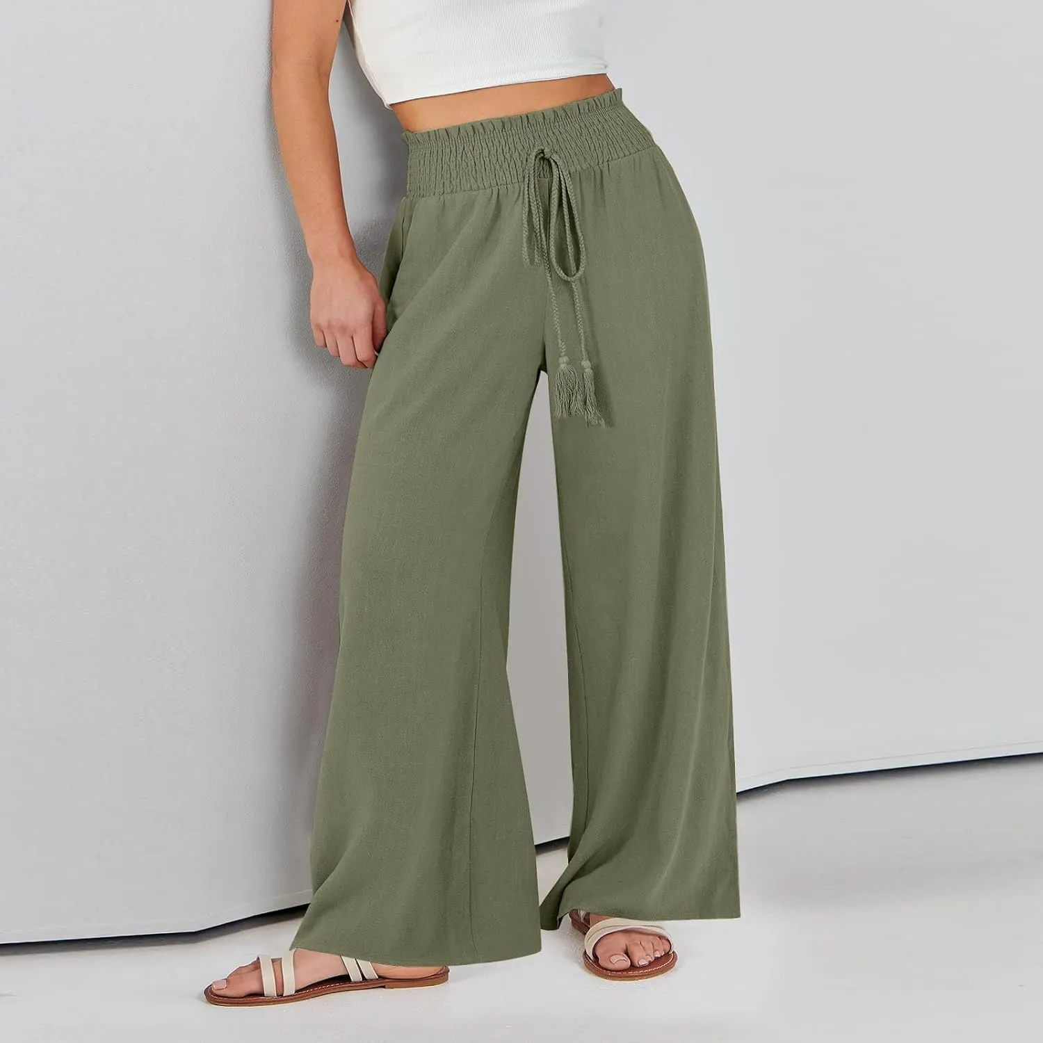 High Waisted Linen Pants Women Elastic Waist Drawstring Wide Leg Pants Summer Casual Baggy Pants Trousers with Pockets