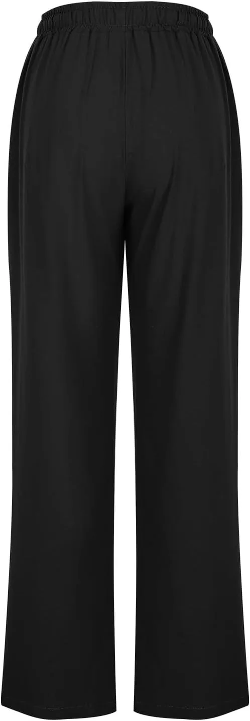 High Waisted Linen Pants Women Petite Summer Pants Casual Drawstring Straight Plus Size Lounge Trousers for Womens