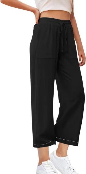 High Waisted Linen Pants Women Petite Summer Pants Casual Drawstring Straight Plus Size Lounge Trousers for Womens