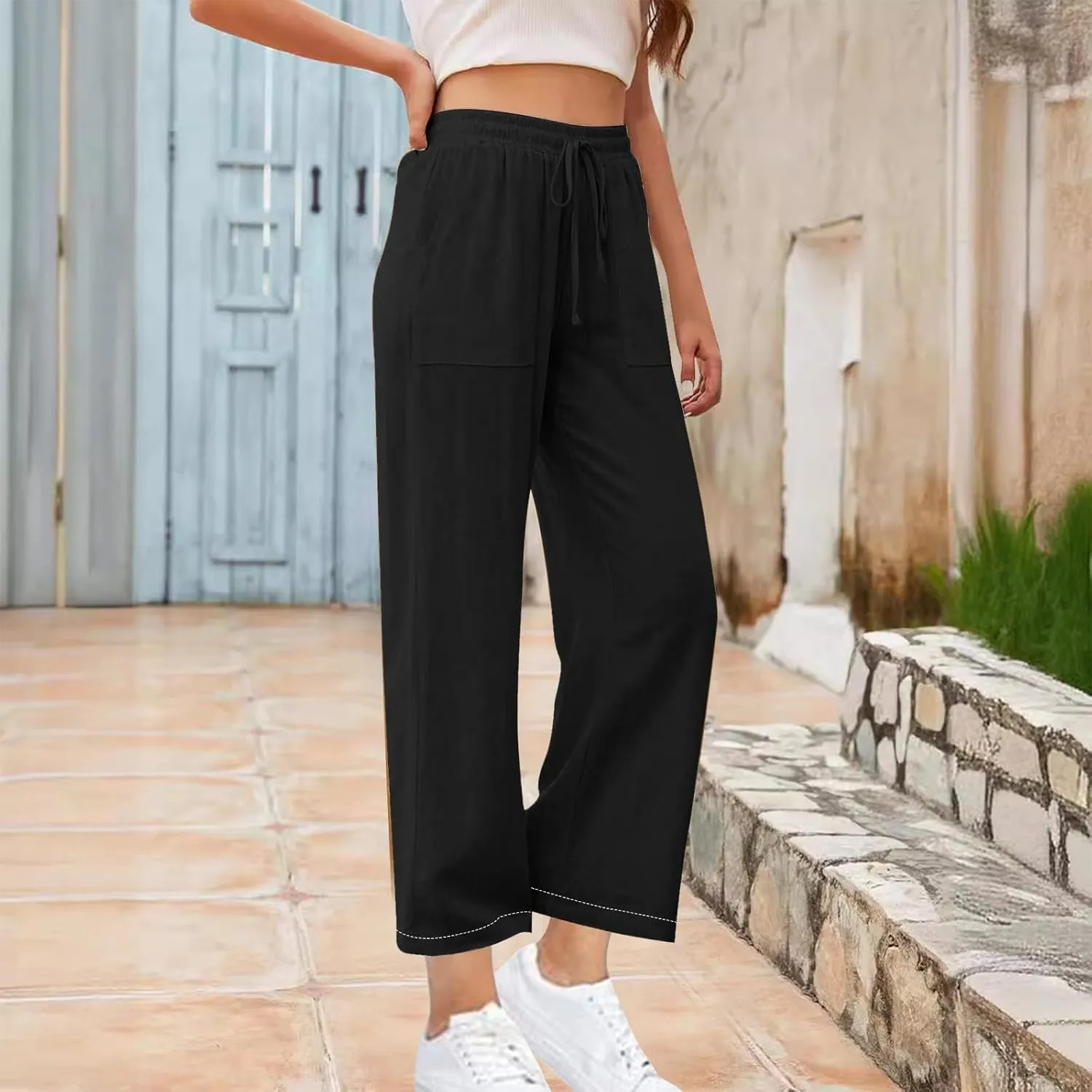 High Waisted Linen Pants Women Petite Summer Pants Casual Drawstring Straight Plus Size Lounge Trousers for Womens