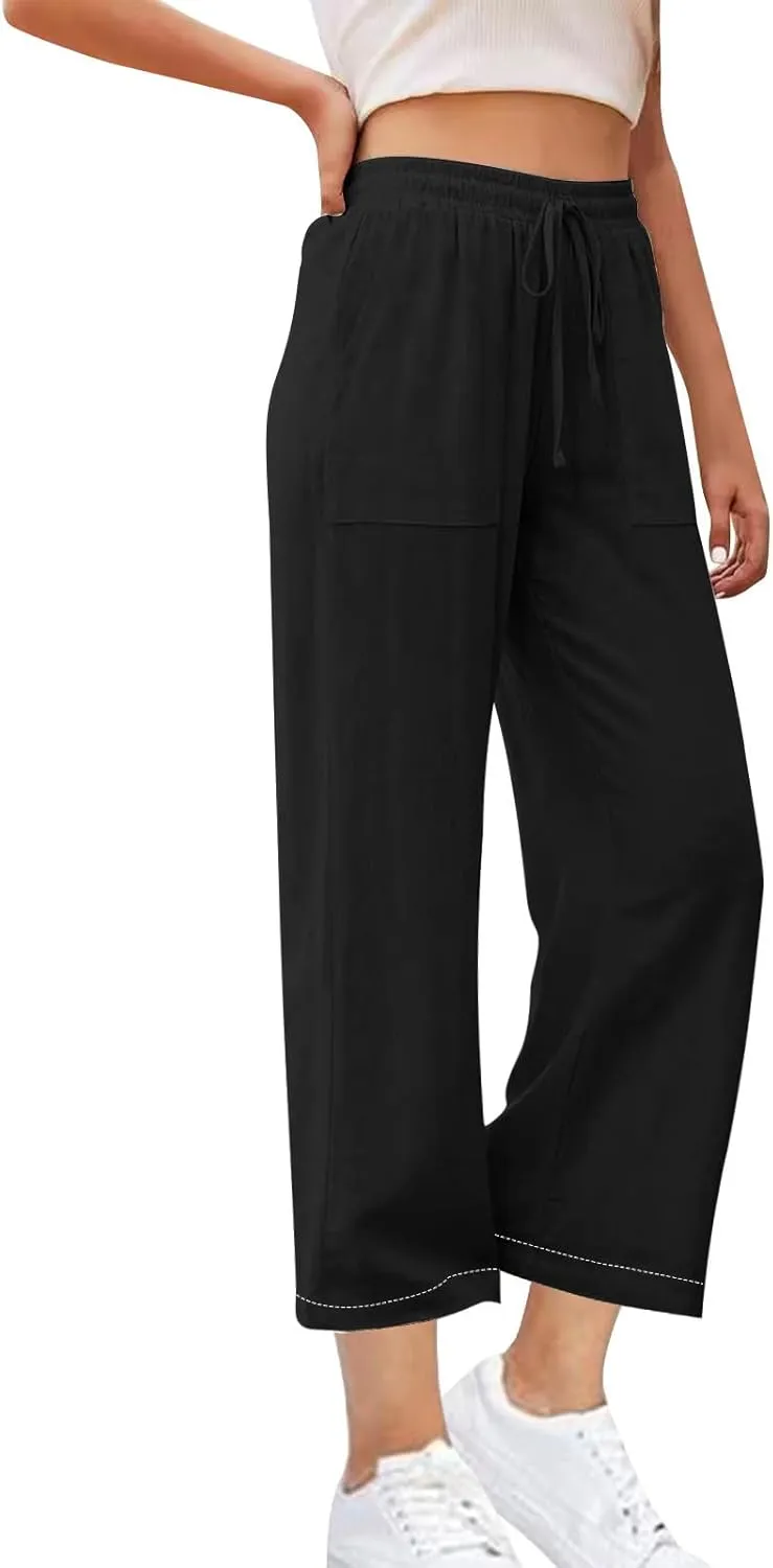 High Waisted Linen Pants Women Petite Summer Pants Casual Drawstring Straight Plus Size Lounge Trousers for Womens
