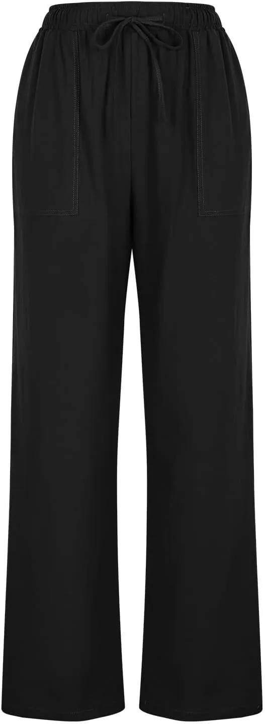 High Waisted Linen Pants Women Petite Summer Pants Casual Drawstring Straight Plus Size Lounge Trousers for Womens