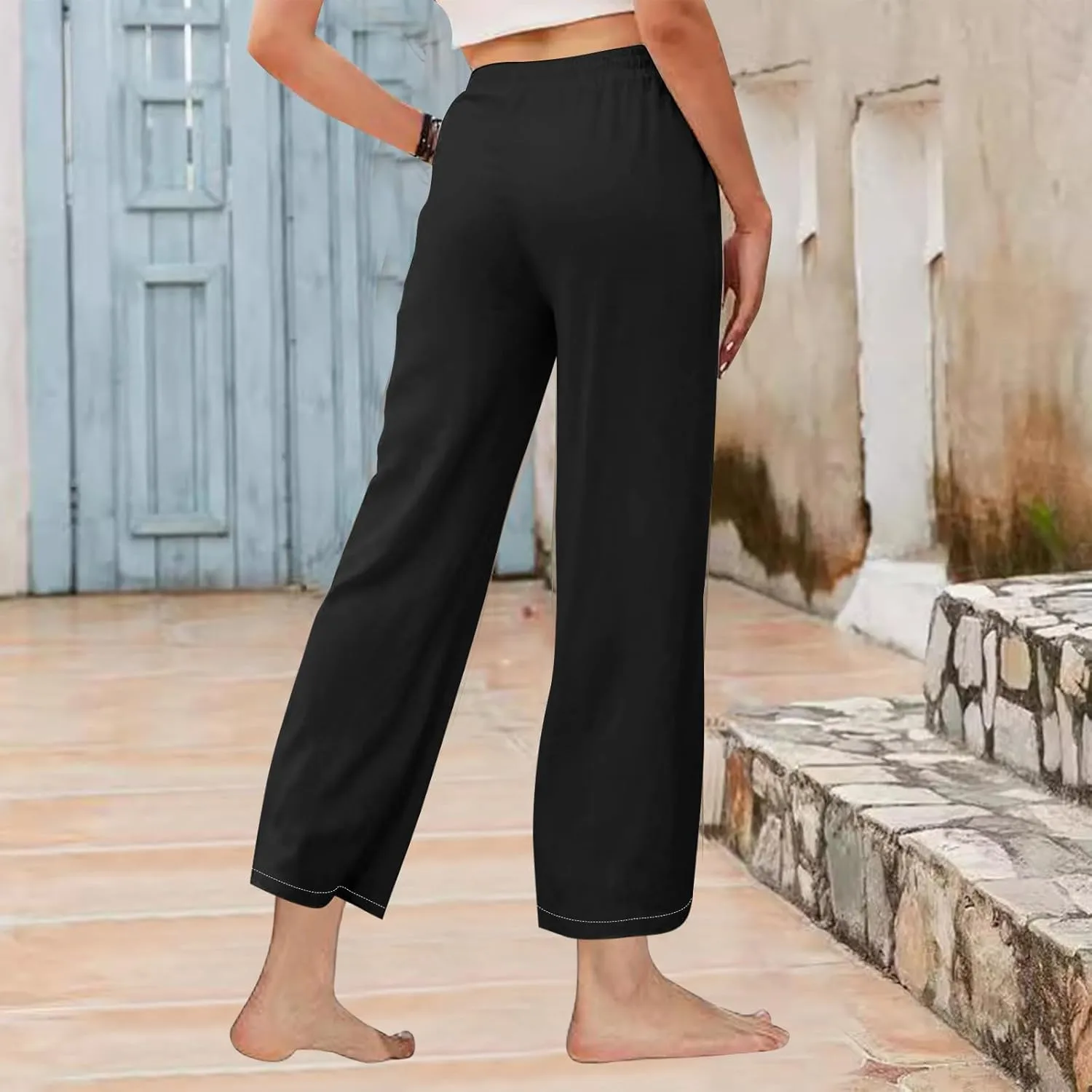 High Waisted Linen Pants Women Petite Summer Pants Casual Drawstring Straight Plus Size Lounge Trousers for Womens