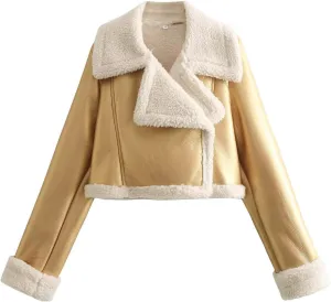hlysgo Womens Faux Shearing Leather Jackets Sherpa-Lined Crop Coat Winter Bomber Jacket Short Outerwear Winter Clothes