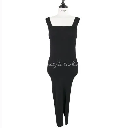 Hot Selling Korea Summer Trendy Sexy Square Neck Splitted Hip Flattering Sweater Dress Women Dress