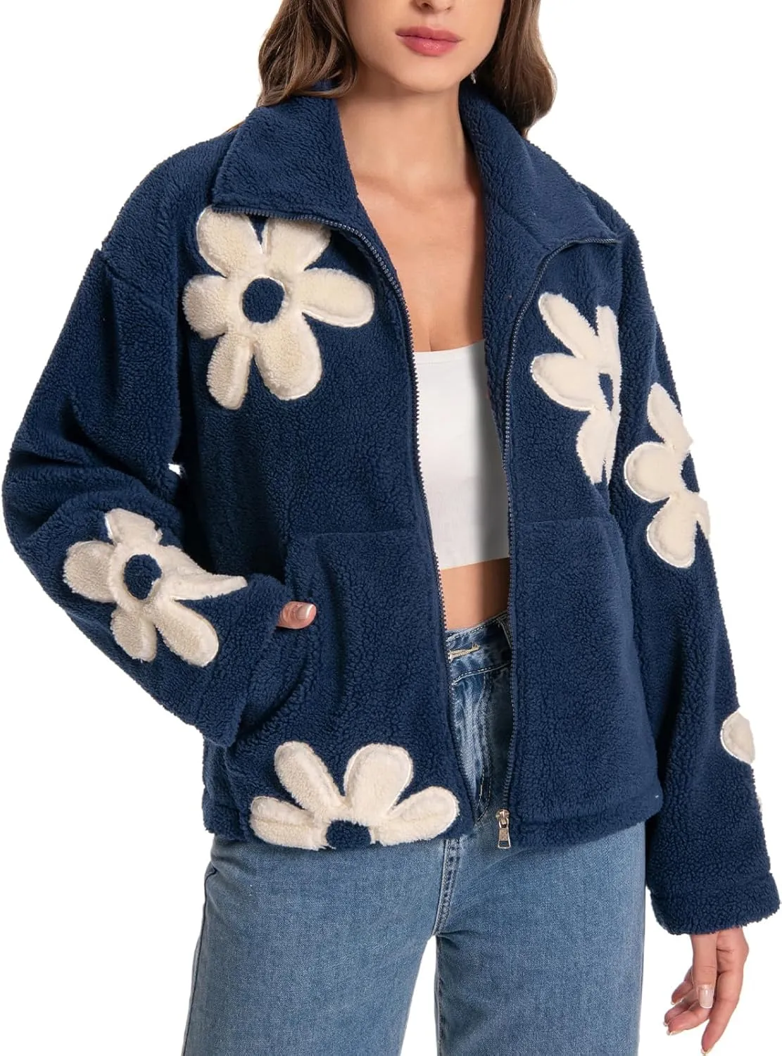 HOULENGS Women's Floral Print Sherpa Fleece Jackets Casual Long Sleeve Zipper Cropped Coat Winter Outwear with Pockets