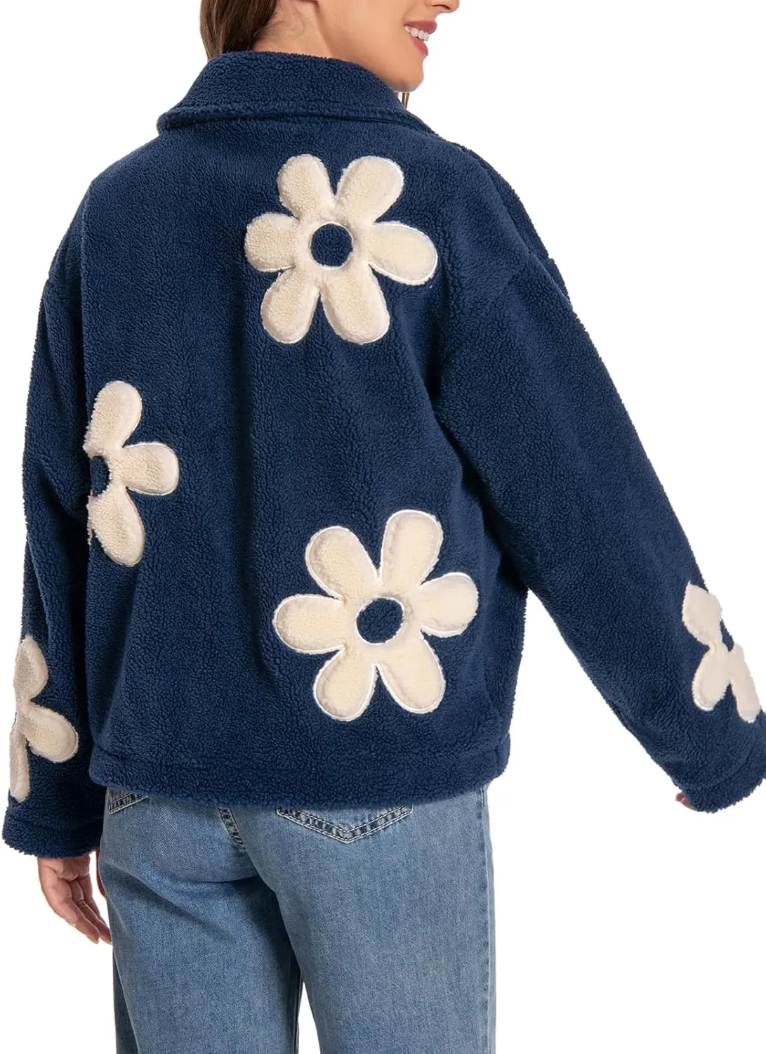 HOULENGS Women's Floral Print Sherpa Fleece Jackets Casual Long Sleeve Zipper Cropped Coat Winter Outwear with Pockets