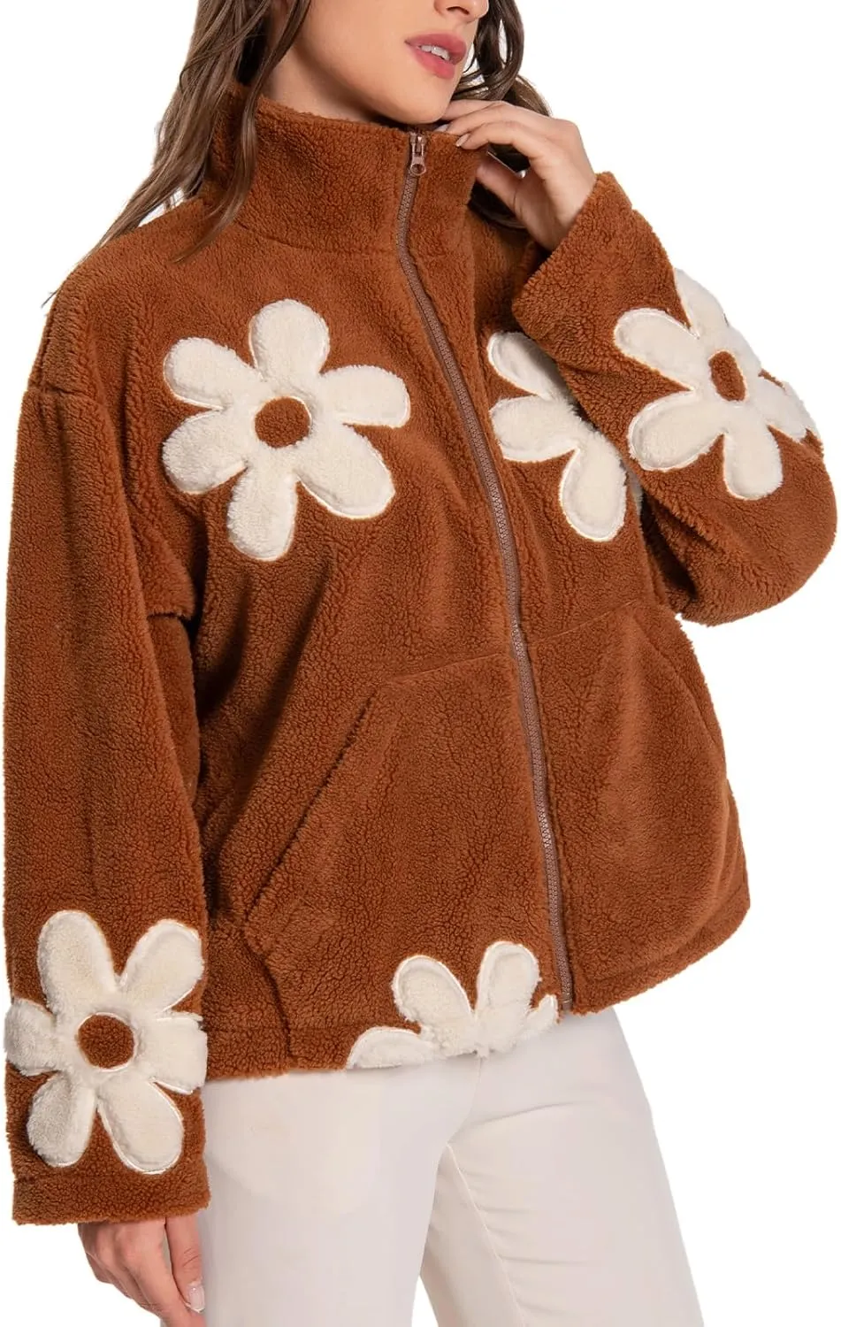 HOULENGS Women's Floral Print Sherpa Fleece Jackets Casual Long Sleeve Zipper Cropped Coat Winter Outwear with Pockets