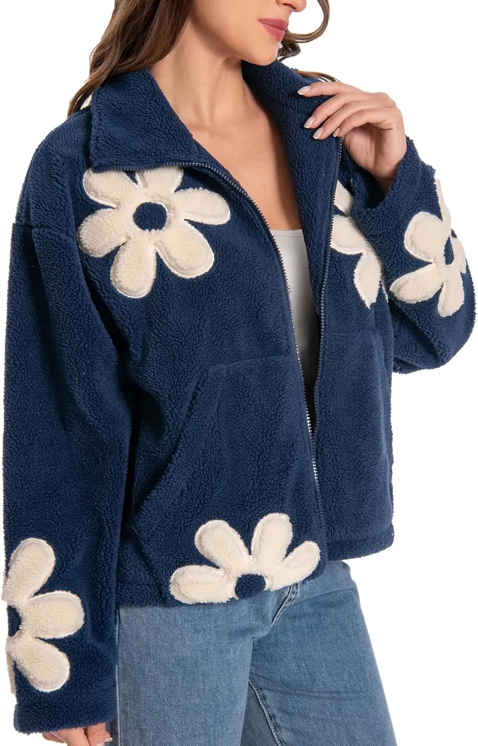 HOULENGS Women's Floral Print Sherpa Fleece Jackets Casual Long Sleeve Zipper Cropped Coat Winter Outwear with Pockets
