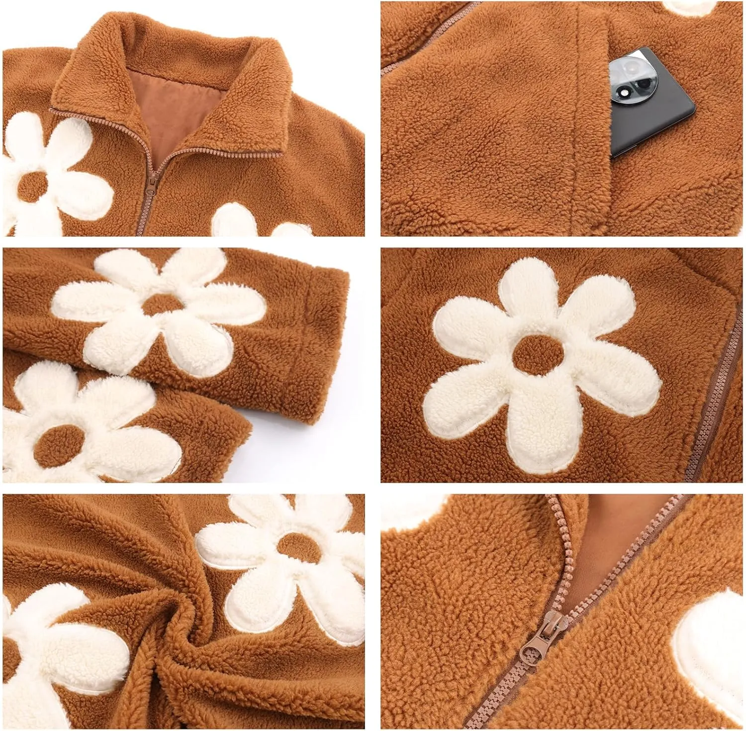 HOULENGS Women's Floral Print Sherpa Fleece Jackets Casual Long Sleeve Zipper Cropped Coat Winter Outwear with Pockets