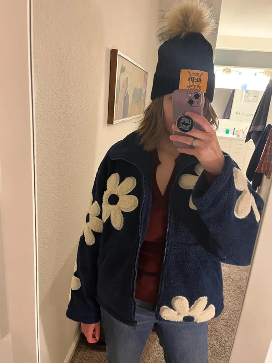 HOULENGS Women's Floral Print Sherpa Fleece Jackets Casual Long Sleeve Zipper Cropped Coat Winter Outwear with Pockets