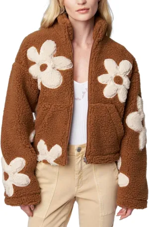 HOULENGS Women's Floral Print Sherpa Fleece Jackets Casual Long Sleeve Zipper Cropped Coat Winter Outwear with Pockets