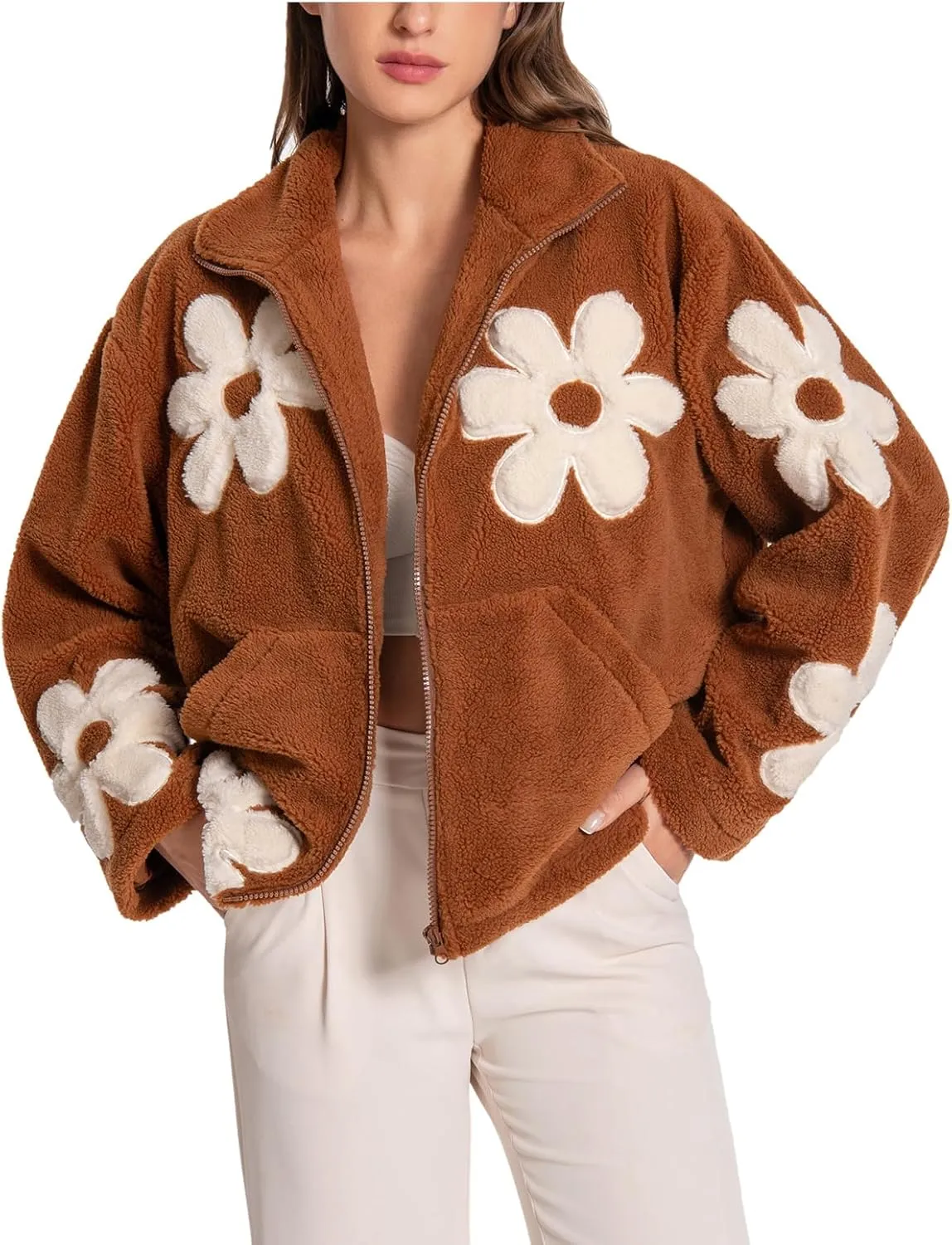 HOULENGS Women's Floral Print Sherpa Fleece Jackets Casual Long Sleeve Zipper Cropped Coat Winter Outwear with Pockets