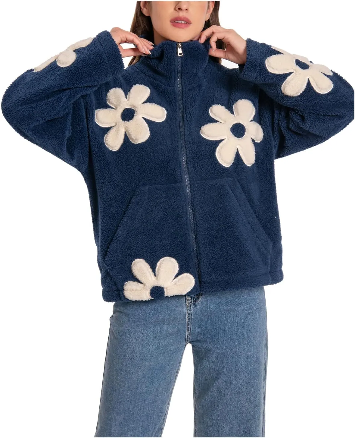 HOULENGS Women's Floral Print Sherpa Fleece Jackets Casual Long Sleeve Zipper Cropped Coat Winter Outwear with Pockets