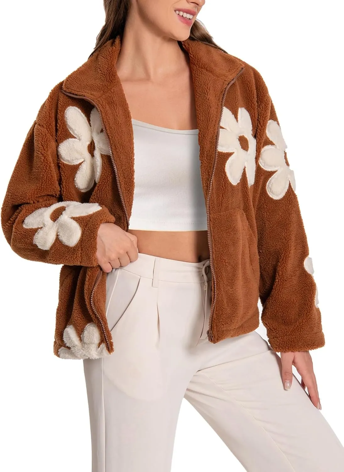 HOULENGS Women's Floral Print Sherpa Fleece Jackets Casual Long Sleeve Zipper Cropped Coat Winter Outwear with Pockets