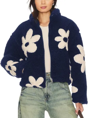 HOULENGS Women's Floral Print Sherpa Fleece Jackets Casual Long Sleeve Zipper Cropped Coat Winter Outwear with Pockets