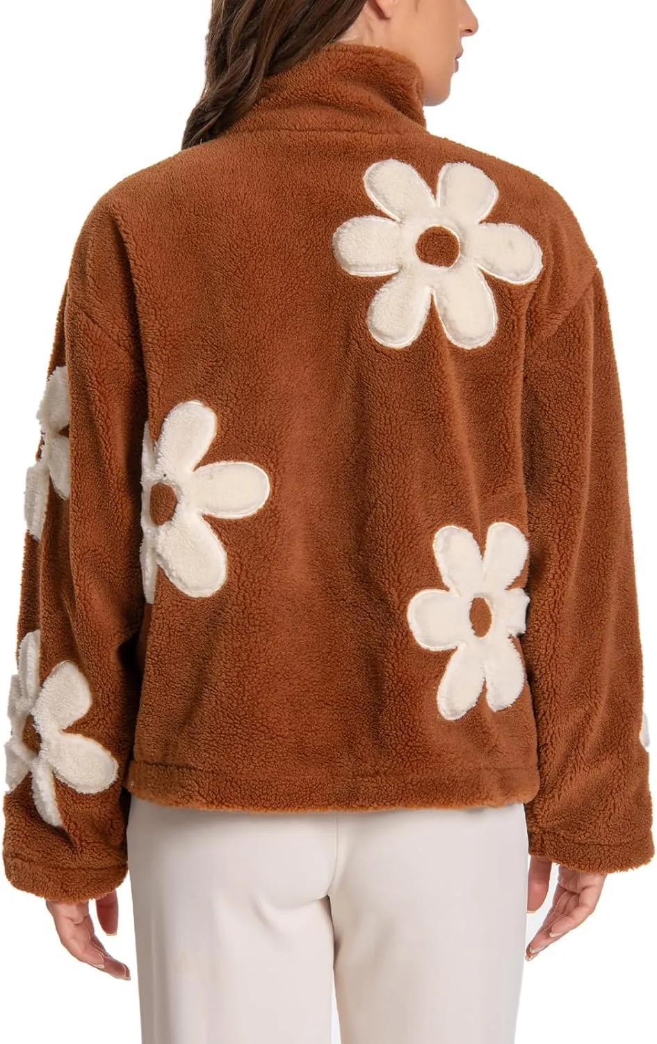HOULENGS Women's Floral Print Sherpa Fleece Jackets Casual Long Sleeve Zipper Cropped Coat Winter Outwear with Pockets